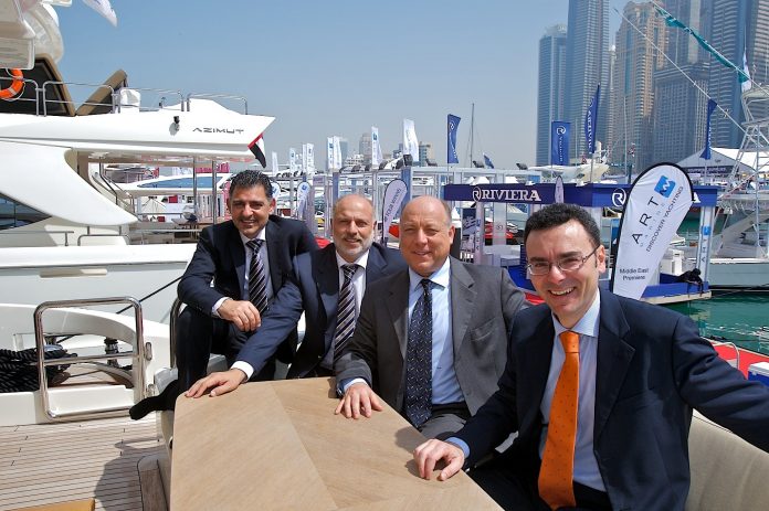 Left to right Constantinos Constantinou, President & CEO, ART Marine_ Captain Alessio Tumbiolo, ART Marine Chairman_ Ugo Garassino, Deputy General Manager, Azimut Yachts_ Marco Valle, Sales Director, Azimut Yachts at the launch of Azi
