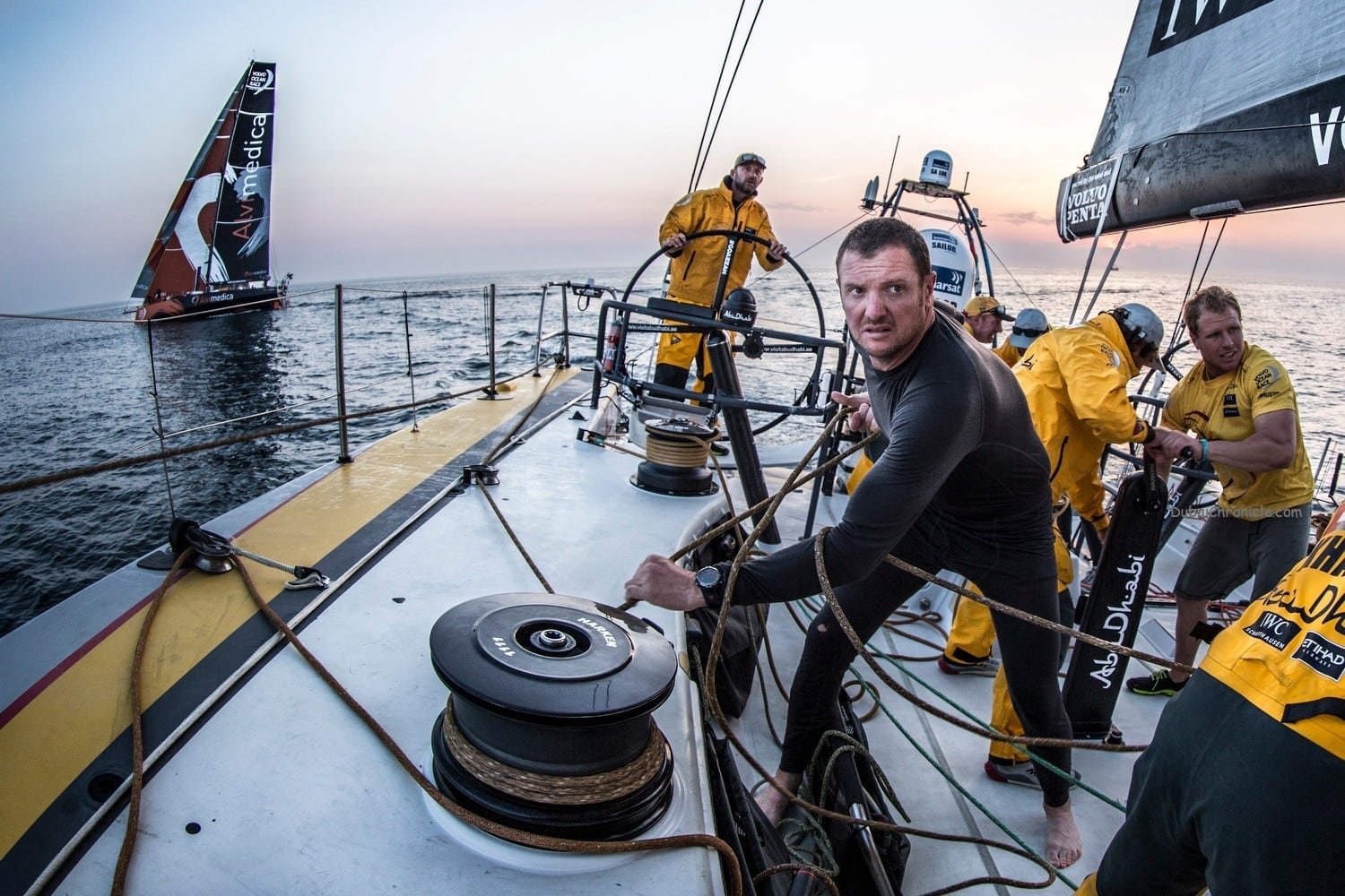 May 17, 2015. Leg 7 to Lisbon onboard Abu Dhabi Ocean Racing. Day 0. Phil Harmer watches the headsail intensely through a manoeuvre as the team tacks to cover Alvimedica.