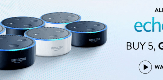 Six-pack for buy five will get you one free Echo Dot